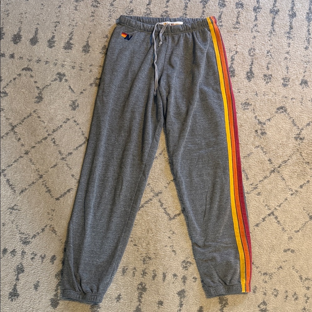 Aviator Nation Gray Sweatpants with Red, Orange and Yellow Stripes